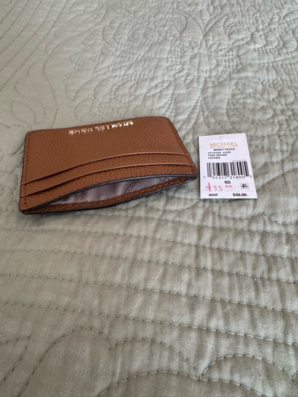 Michael Kors Pebbled Leather Card Case - Cognac Brown with Gold Logo - Picture 2 of 4